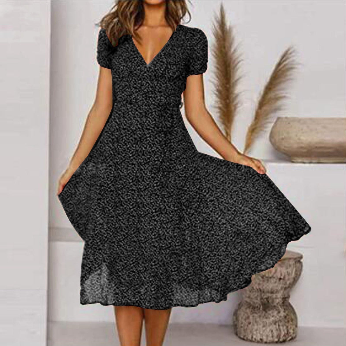 Clara | Women's V-Neck A-Line Midi Dress, Flowing Skirt Autumn Dress | Direct Attire
