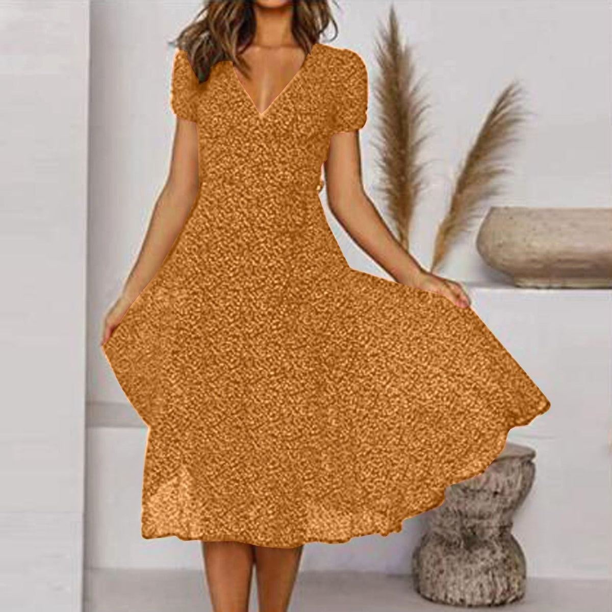 Clara | Women's V-Neck A-Line Midi Dress, Flowing Skirt Autumn Dress | Direct Attire