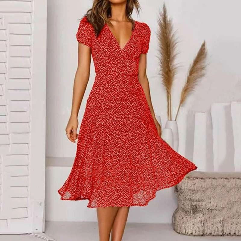 Clara | Women's V-Neck A-Line Midi Dress, Flowing Skirt Autumn Dress | Direct Attire