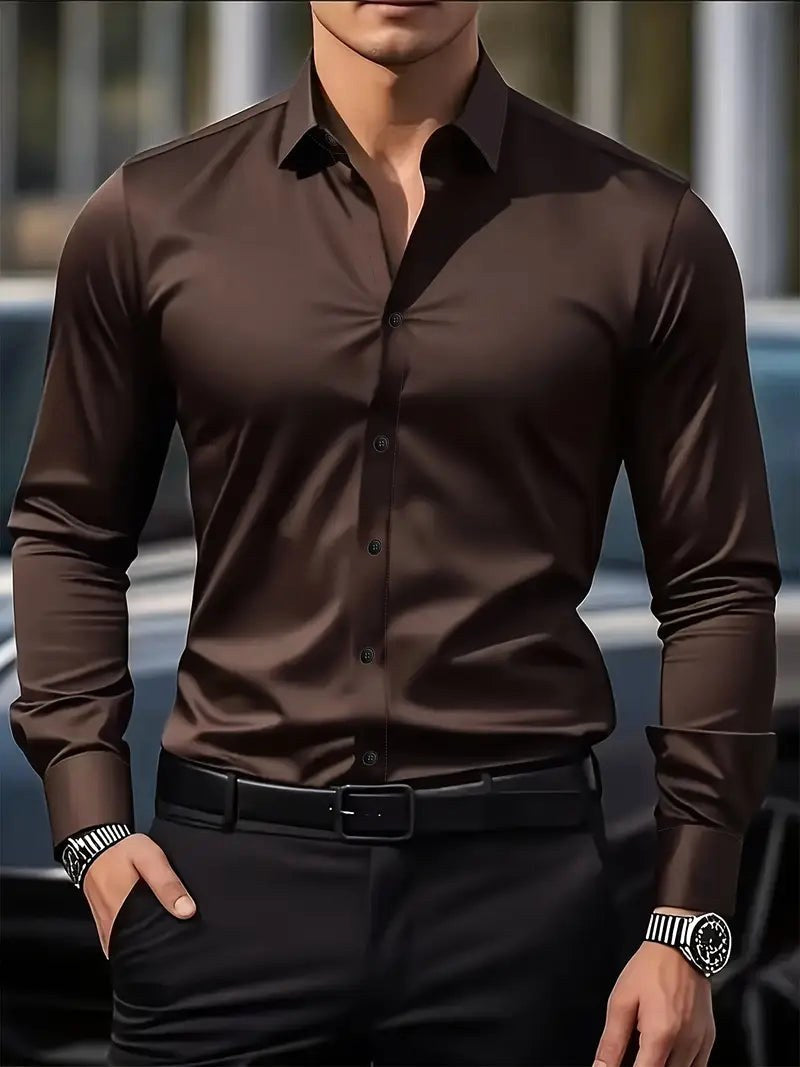 Cooper | Men's Breathable Long-Sleeved Shirt, Tailored Slim-Fit Shirt | Direct Attire | Coffee
