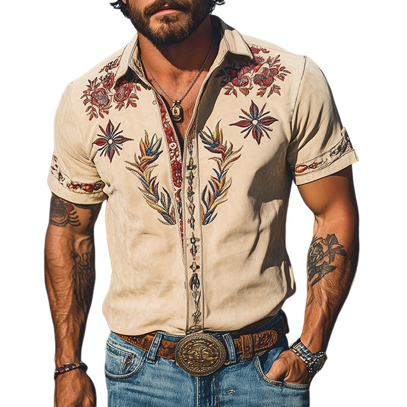 Cooper | Men's Western Floral Print Short-Sleeve Shirt, Point Collar Shirt | Direct Attire | White