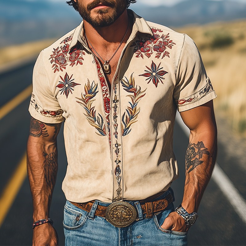 Cooper | Men's Western Floral Print Short-Sleeve Shirt, Point Collar Shirt | Direct Attire | Light Khaki