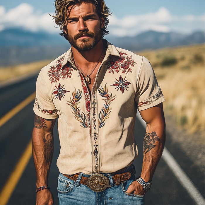 Cooper | Men's Western Floral Print Short-Sleeve Shirt, Point Collar Shirt | Direct Attire