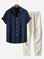 Curtis | Men's Linen Two-Piece Set, Loose-Fit Shirt and Trousers | Direct Attire | Marineblauw