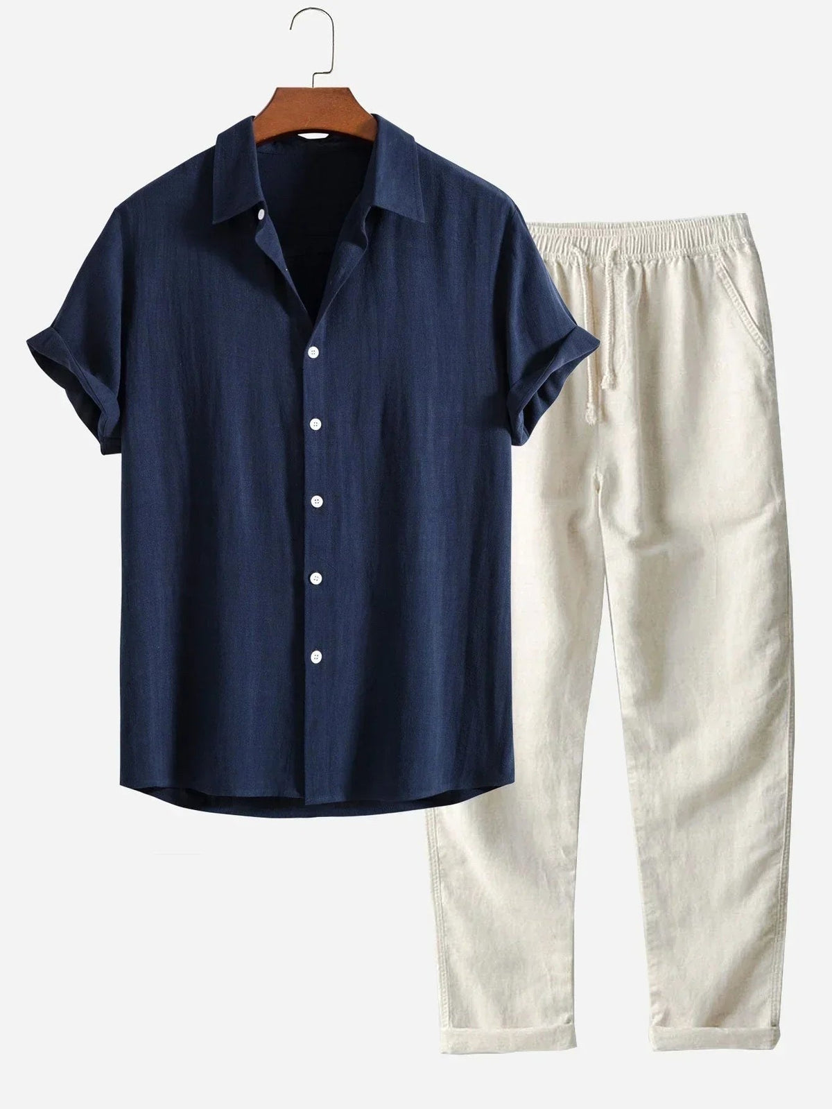 Curtis | Men's Linen Two-Piece Set, Loose-Fit Shirt and Trousers | Direct Attire | Marineblauw