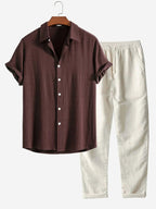 Curtis | Men's Linen Two-Piece Set, Loose-Fit Shirt and Trousers | Direct Attire | Koffiebruin