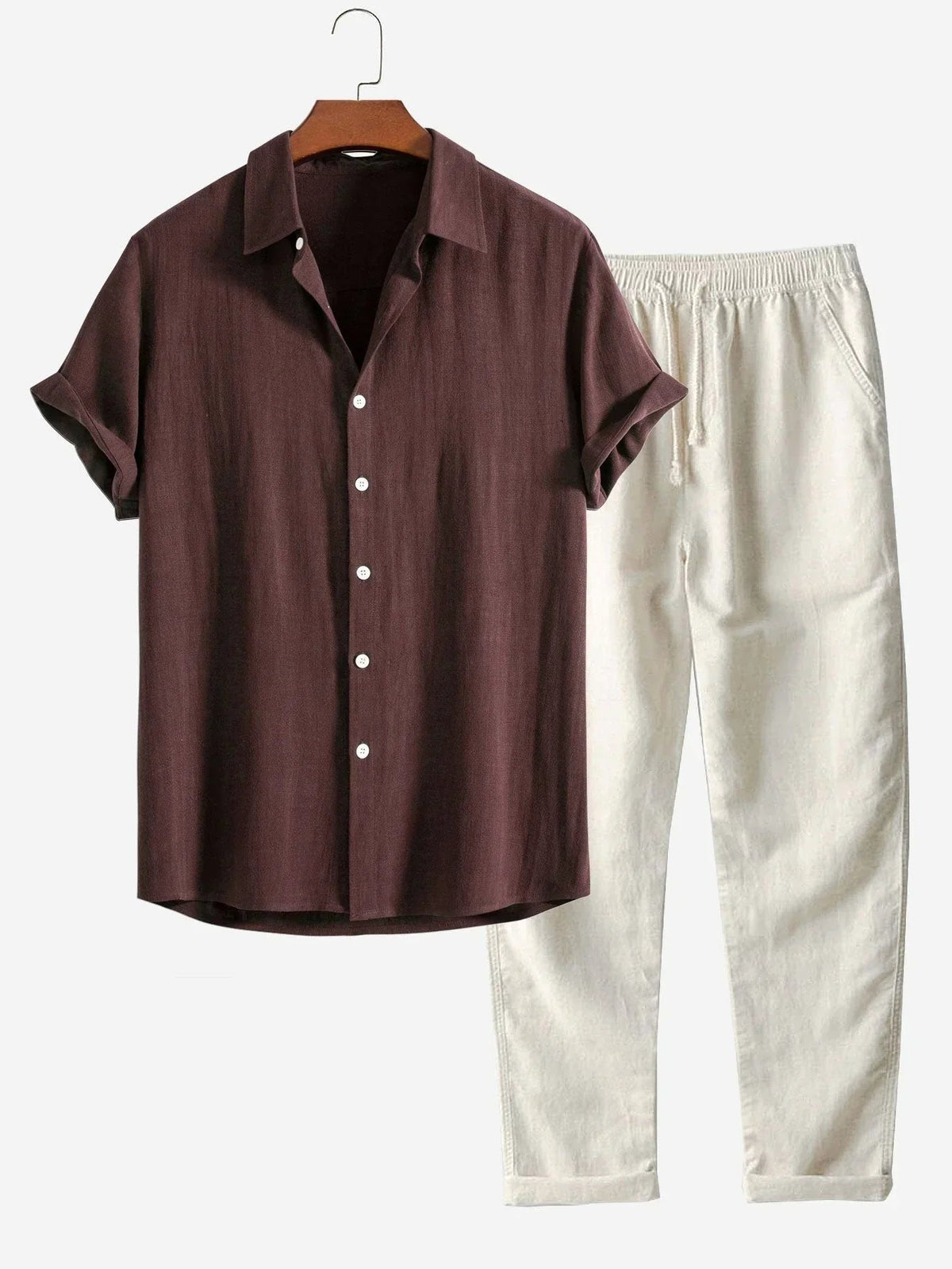 Curtis | Men's Linen Two-Piece Set, Loose-Fit Shirt and Trousers | Direct Attire | Koffiebruin
