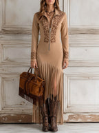 Dakota | Women's Western Fringe Maxi Dress, Flattering Summer Dress for Holidays and Everyday Wear, Flattering Summer Dress for Holidays and Everyday Wear - Light Brown