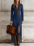 Dakota | Women's Western Fringe Maxi Dress, Flattering Summer Dress for Holidays and Everyday Wear, Flattering Summer Dress for Holidays and Everyday Wear - Navy Blue
