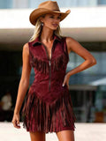 Dakota | Women's Western Fringe Suede Romper, Lightweight Summer Outfit for Holidays and Casual Wear, Lightweight Summer Outfit for Holidays and Casual Wear - Red