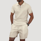 Dale | Men's Polo and Shorts Two-Piece Set, Textured Summer Set | Direct Attire | Beige