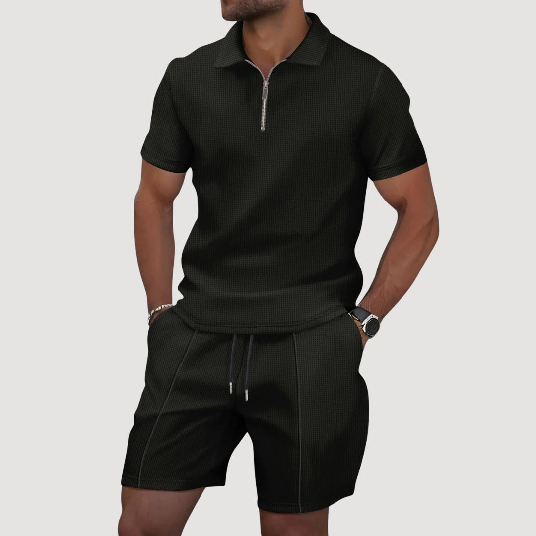 Dale | Men's Polo and Shorts Two-Piece Set, Textured Summer Set | Direct Attire | Zwart
