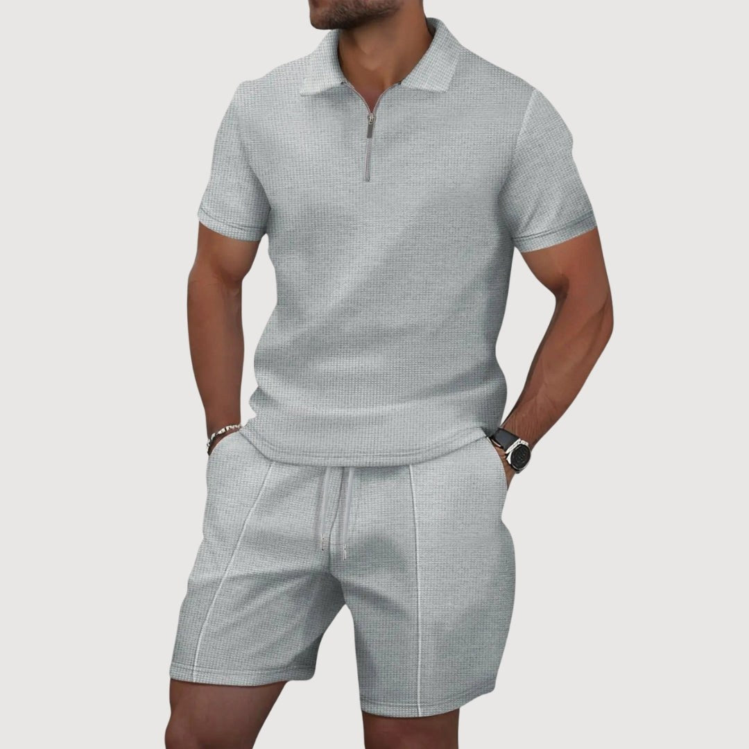 Dale | Men's Polo and Shorts Two-Piece Set, Textured Summer Set | Direct Attire | Grijs