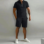 Damien | Men's Polyester Polo Shirt and Shorts Set, Two-Piece Summer Set | Direct Attire | Zwart