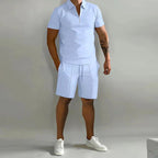 Damien | Men's Polyester Polo Shirt and Shorts Set, Two-Piece Summer Set | Direct Attire | Lichtblauw