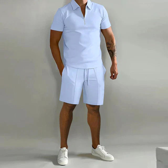 Damien | Men's Polyester Polo Shirt and Shorts Set, Two-Piece Summer Set | Direct Attire | Lichtblauw