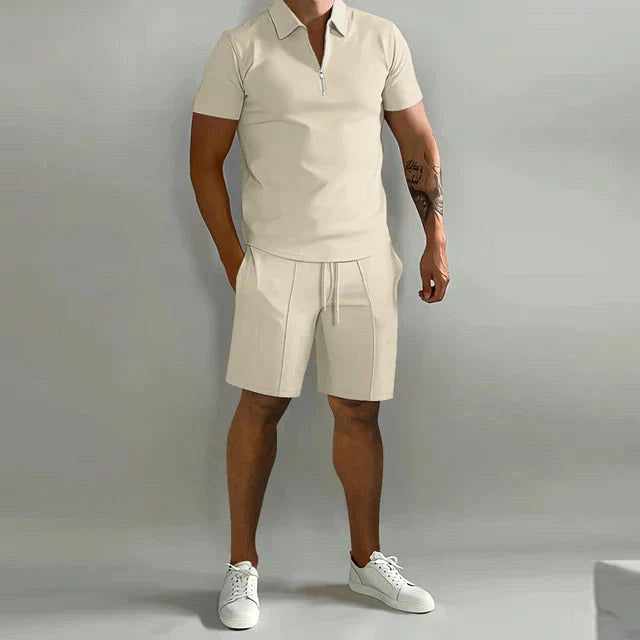 Damien | Men's Polyester Polo Shirt and Shorts Set, Two-Piece Summer Set | Direct Attire | Khaki