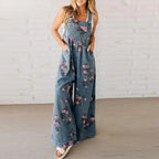 Delaney | Women's Handmade Cotton Jumpsuit, Lightweight Summer Outfit for Holidays and Casual Wear, Lightweight Summer Outfit for Holidays and Casual Wear - Denim with flowers