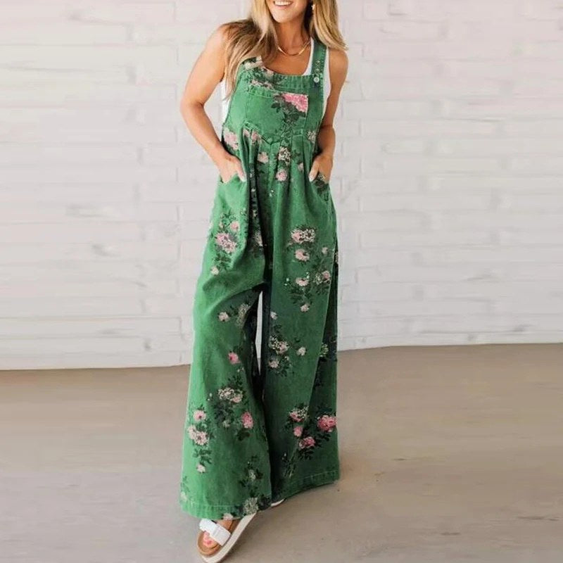 Delaney | Women's Handmade Cotton Jumpsuit, Lightweight Summer Outfit for Holidays and Casual Wear, Lightweight Summer Outfit for Holidays and Casual Wear - Green with flowers