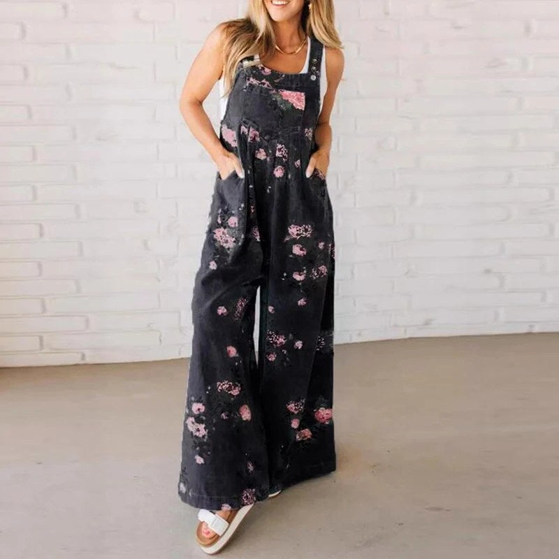 Delaney | Women's Handmade Cotton Jumpsuit, Lightweight Summer Outfit for Holidays and Casual Wear, Lightweight Summer Outfit for Holidays and Casual Wear - Black with flowers