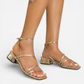 Ebony | Women's Gold Metallic Block Heel Sandals, Strappy Occasion Sandals | Direct Attire | Dorado