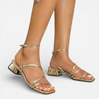 Ebony | Women's Gold Metallic Block Heel Sandals, Strappy Occasion Sandals | Direct Attire | Dorado