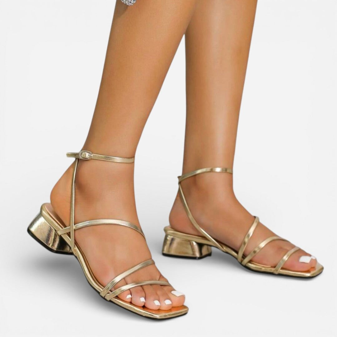Ebony | Women's Gold Metallic Block Heel Sandals, Strappy Occasion Sandals | Direct Attire | Dorado
