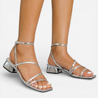 Ebony | Women's Gold Metallic Block Heel Sandals, Strappy Occasion Sandals
