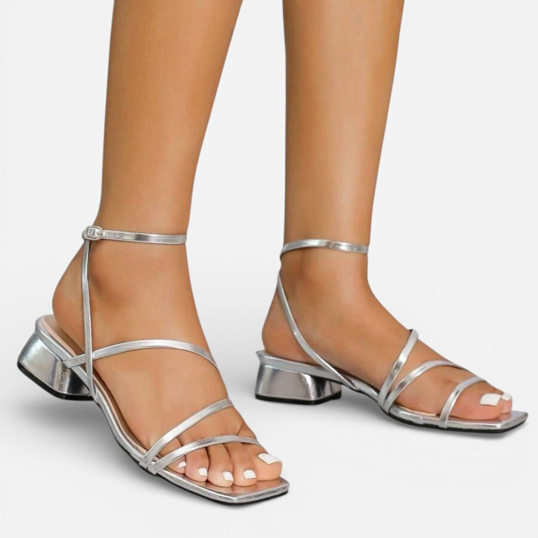 Ebony | Women's Gold Metallic Block Heel Sandals, Strappy Occasion Sandals