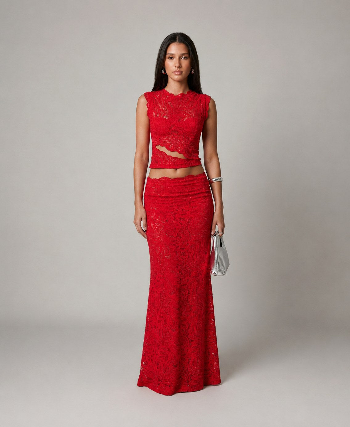 Elara | Women's Sleeveless Floral Lace Two-Piece Set, Crop Top and Maxi Skirt | Direct Attire | Black