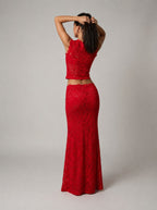 Elara | Women's Sleeveless Floral Lace Two-Piece Set, Crop Top and Maxi Skirt | Direct Attire | Red