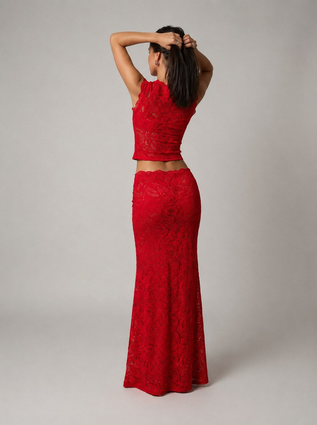 Elara | Women's Sleeveless Floral Lace Two-Piece Set, Crop Top and Maxi Skirt | Direct Attire | Red