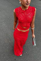 Elara | Women's Sleeveless Floral Lace Two-Piece Set, Crop Top and Maxi Skirt | Direct Attire