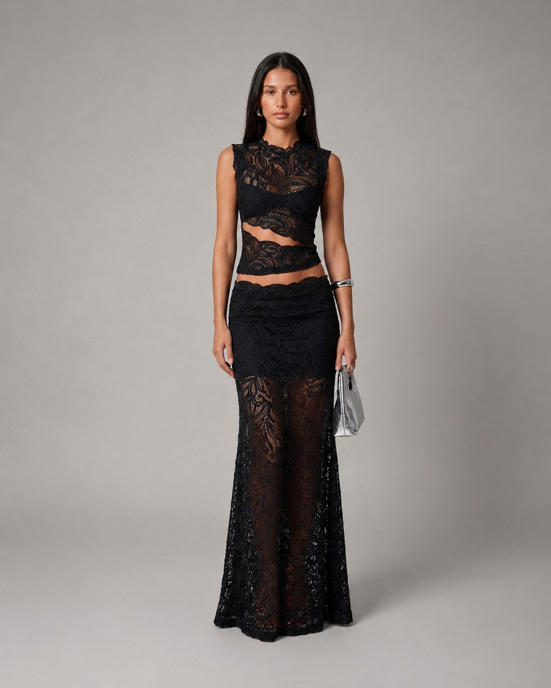 Elara | Women's Sleeveless Floral Lace Two-Piece Set, Crop Top and Maxi Skirt | Direct Attire