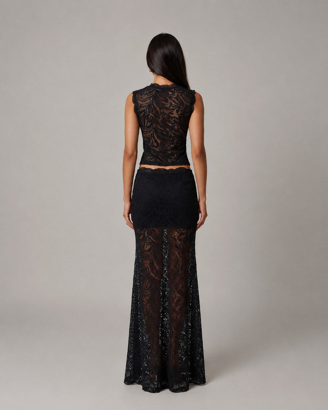 Elara | Women's Sleeveless Floral Lace Two-Piece Set, Crop Top and Maxi Skirt | Direct Attire