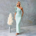 Emersyn | Women's One-Shoulder Maxi Dress with Ruffled Detail, Fitted Maxi Dress | Direct Attire | Dark Blue