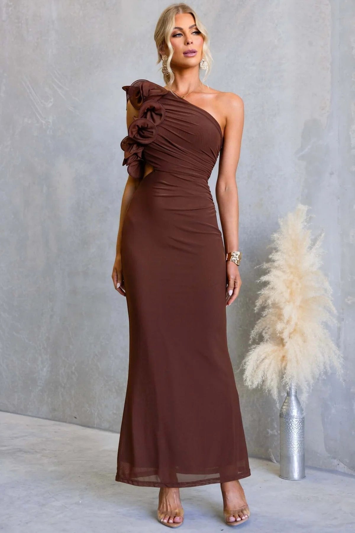 Emersyn | Women's One-Shoulder Maxi Dress with Ruffled Detail, Fitted Maxi Dress | Direct Attire | Burgundy