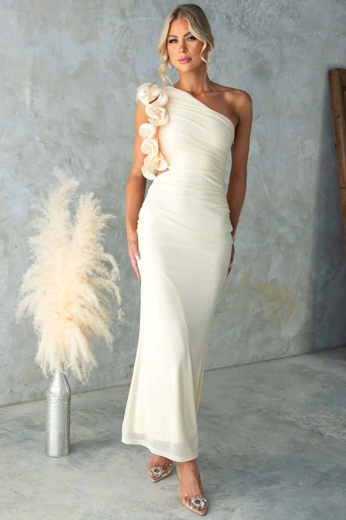 Emersyn | Women's One-Shoulder Maxi Dress with Ruffled Detail, Fitted Maxi Dress | Direct Attire