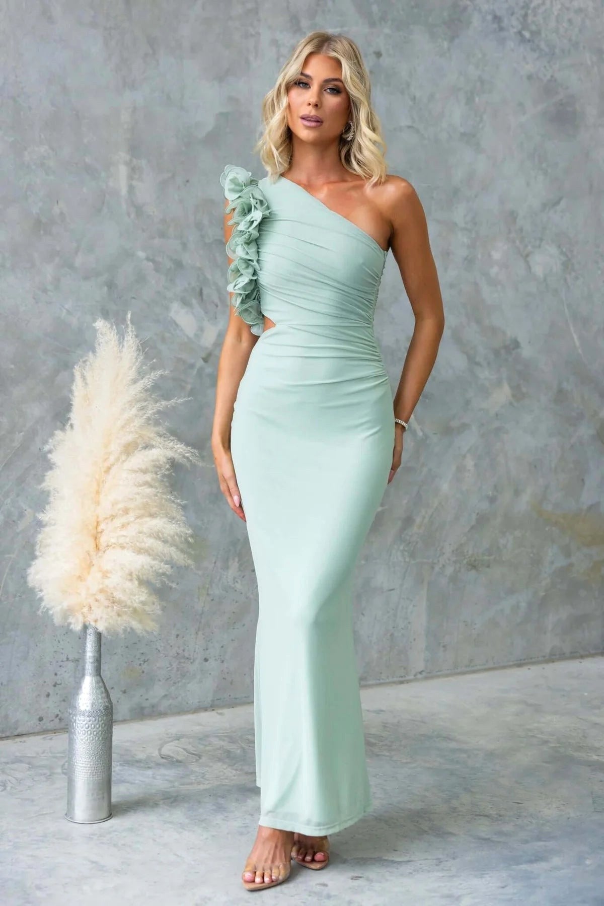 Emersyn | Women's One-Shoulder Maxi Dress with Ruffled Detail, Fitted Maxi Dress | Direct Attire