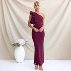 Emersyn | Women's One-Shoulder Maxi Dress with Ruffled Detail, Fitted Maxi Dress | Direct Attire | Black