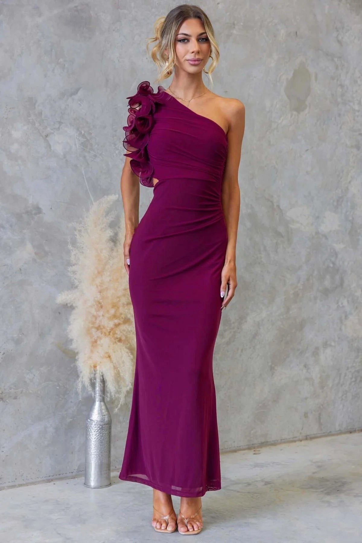 Emersyn | Women's One-Shoulder Maxi Dress with Ruffled Detail, Fitted Maxi Dress | Direct Attire | Coffee