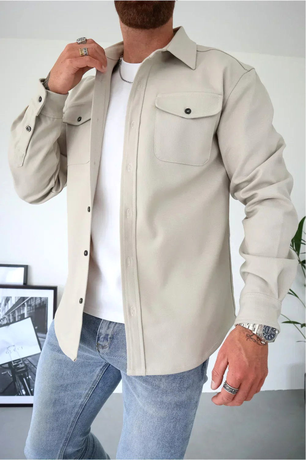 Flynn | Men's Casual Overshirt, Relaxed Layering Shirt | Direct Attire | Stone