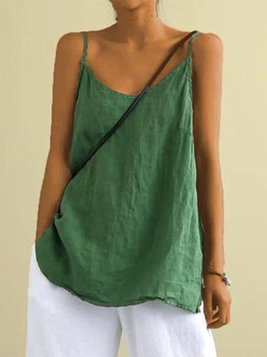 Freya | Women's Linen-Blend Cami Top with V-Neckline, Spaghetti Strap Top | Direct Attire | Green