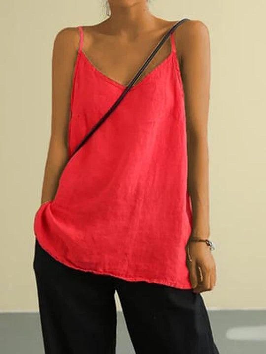 Freya | Women's Linen-Blend Cami Top with V-Neckline, Spaghetti Strap Top | Direct Attire | Red