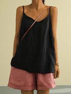 Freya | Women's Linen-Blend Cami Top with V-Neckline, Spaghetti Strap Top | Direct Attire | Black
