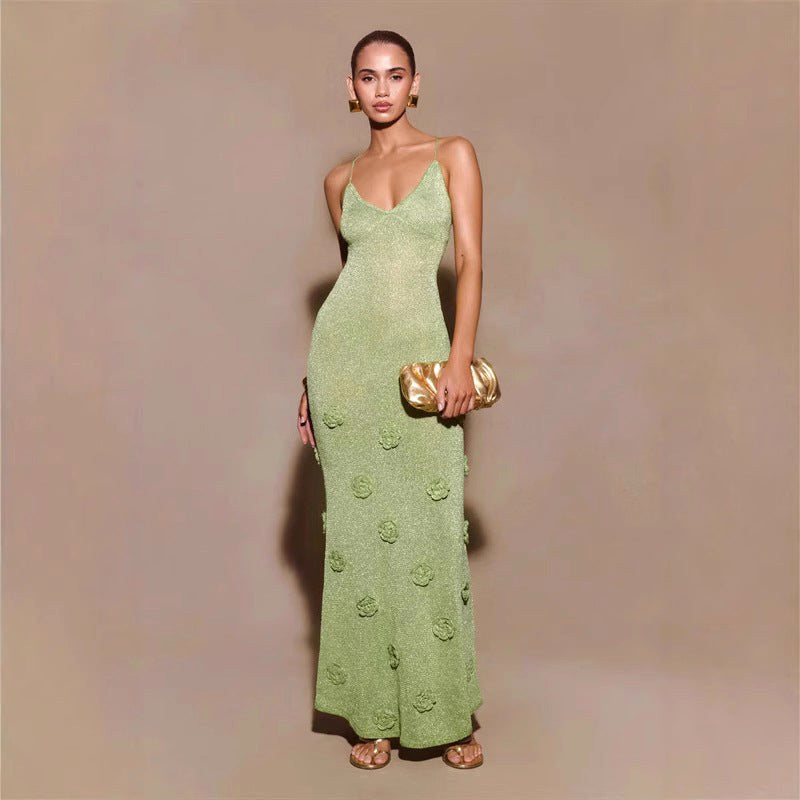 Georgia | Women's Crochet Floral Dress with Sequin Detail, Long-Sleeve Evening Dress | Direct Attire