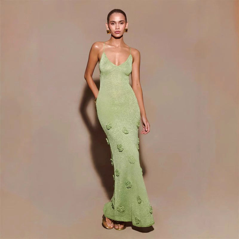 Georgia | Women's Crochet Floral Dress with Sequin Detail, Long-Sleeve Evening Dress | Direct Attire