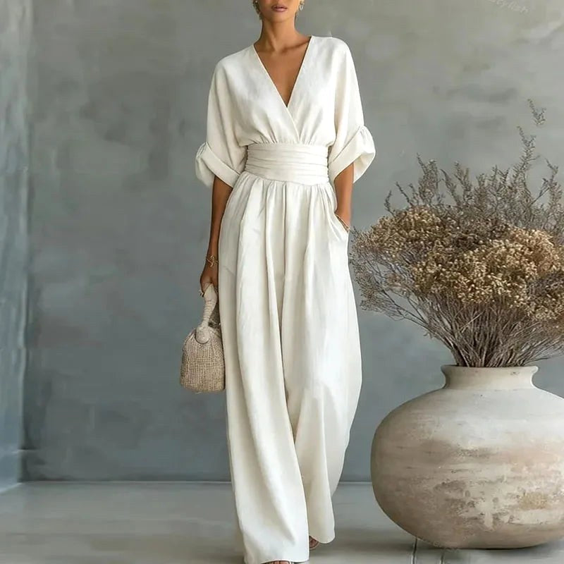 Grace | Women's Surplice V-Neck Wide-Leg Jumpsuit, Wrap-Front One-Piece | Direct Attire | White