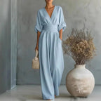 Grace | Women's Surplice V-Neck Wide-Leg Jumpsuit, Wrap-Front One-Piece | Direct Attire | Sky Blue