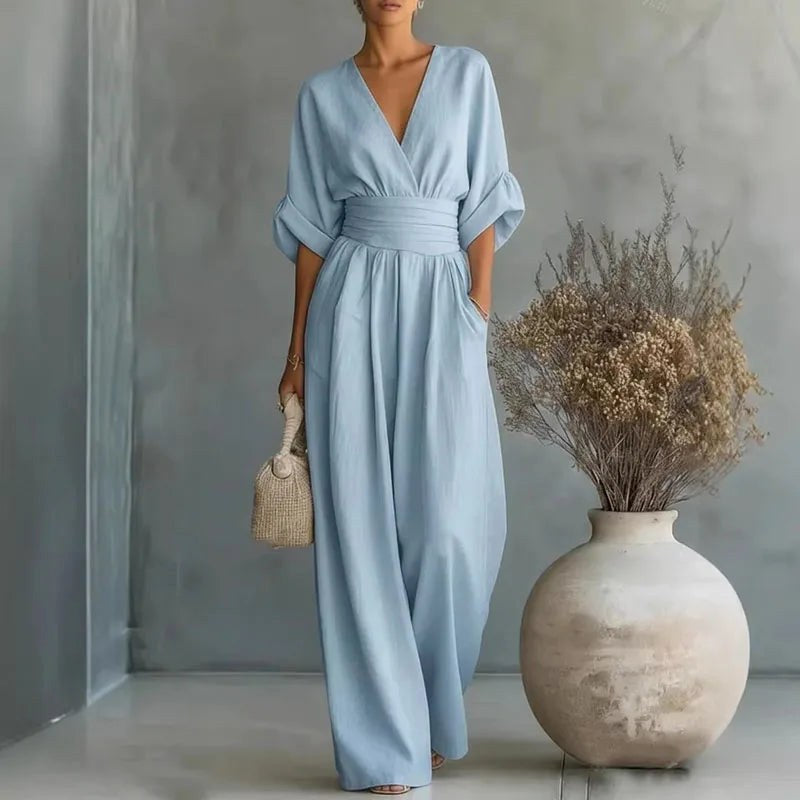 Grace | Women's Surplice V-Neck Wide-Leg Jumpsuit, Wrap-Front One-Piece | Direct Attire | Sky Blue